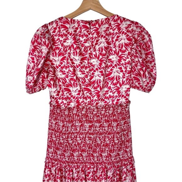 LIKELY AVRA BITTERSWEET & WHITE FLORAL SMOCK WAIST PUFF SLEEVE V NECK MIDI DRESS - Picture 8 of 15